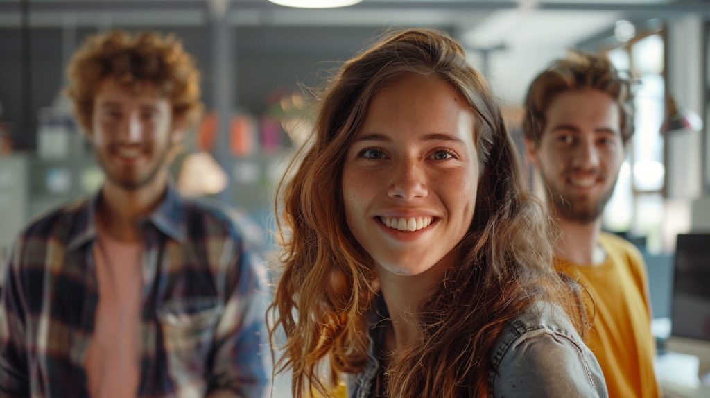 Zu sehen ist ein junges Mitarbeiterteam in einem Büro, Personal bewerben professionell und unkompliziert