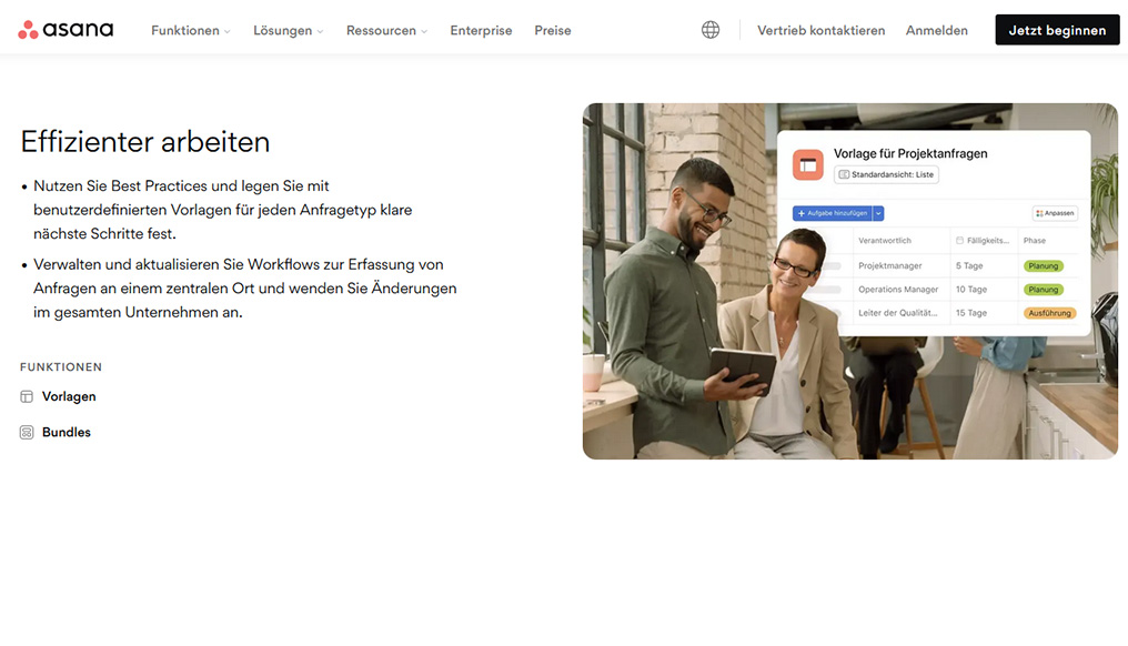 Zu sehen ist ein Screenshot der Webseite Asana