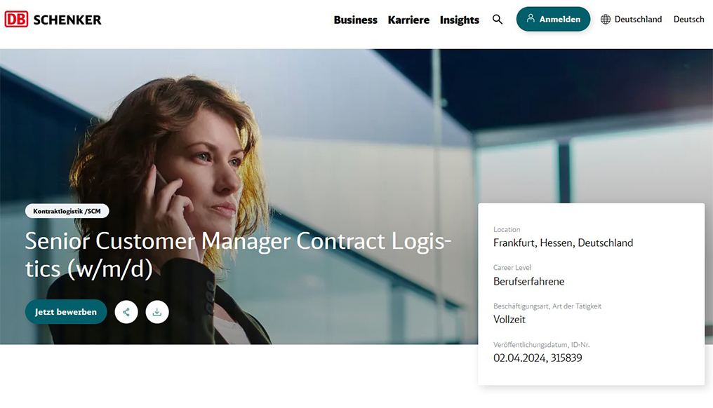 Zu sehen ist ein Screenshot der DB Schenker Karrierewebseite