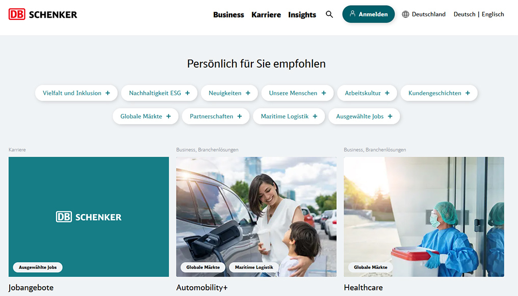 Zu sehen ist ein Screenshot der DB Schenker Karrierewebseite