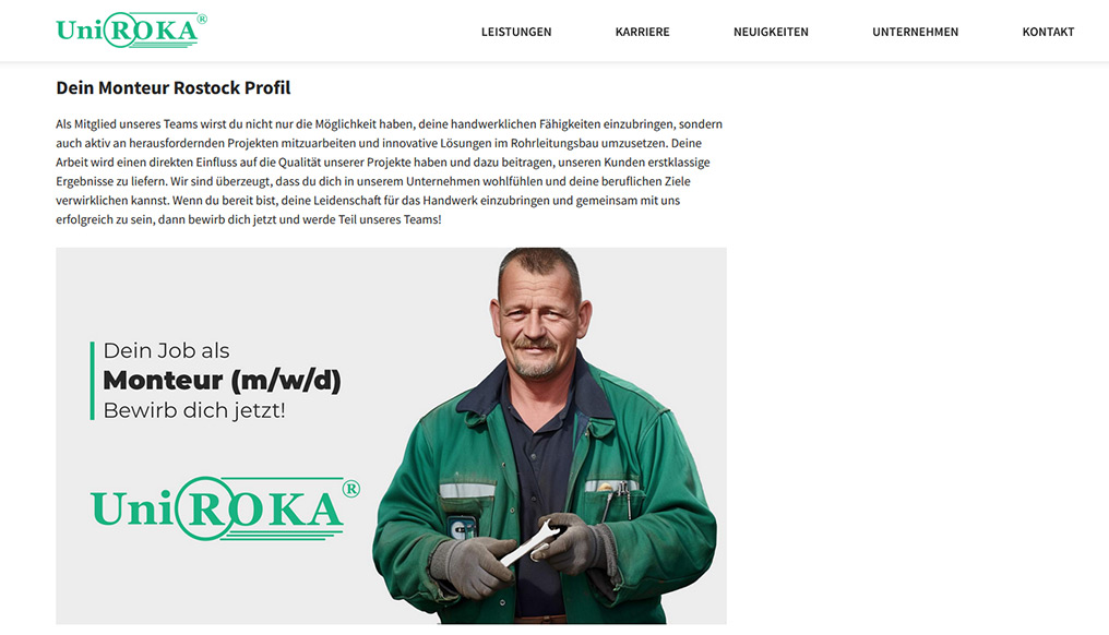 Zu sehen ist ein Screenshot der Webseite Uni Roka Rostock, Monteur Jobanzeige