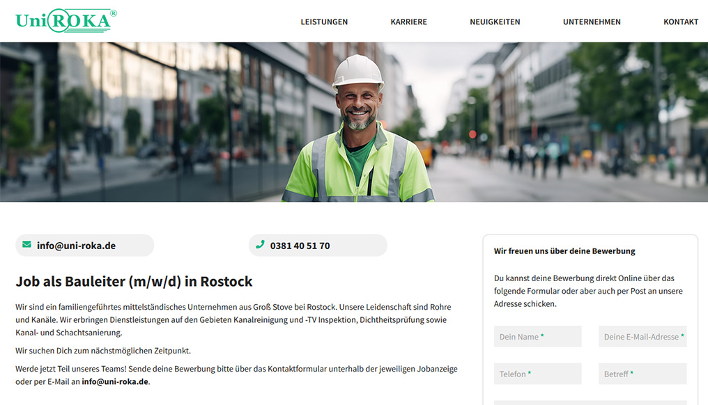 Zu sehen ist ein Screenshot der Webseite Uni Roka Rostock, Bauleiter in Rostock Jobanzeige